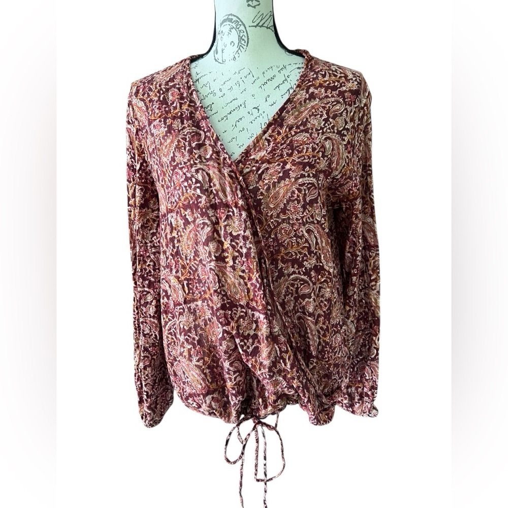 World Market Cotton Floral partial Wrap Blouse - Burgundy, rust color, size L/XL